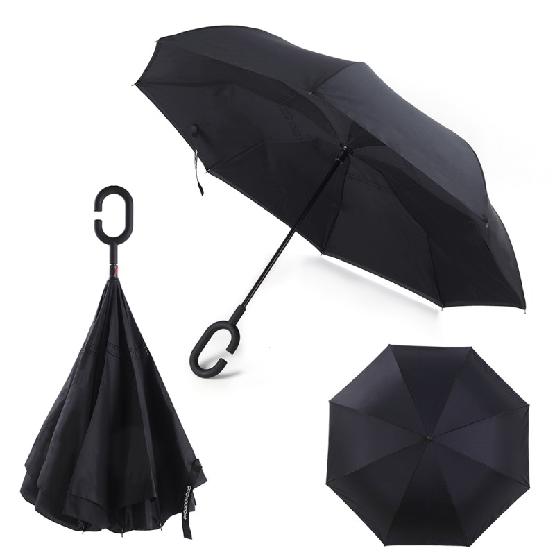 Windproof Inverted Umbrella for Cars Reverse Open Double Layer with UV Protection and C-Shape Sweat-proof Handle - Black | By HomeyHomes